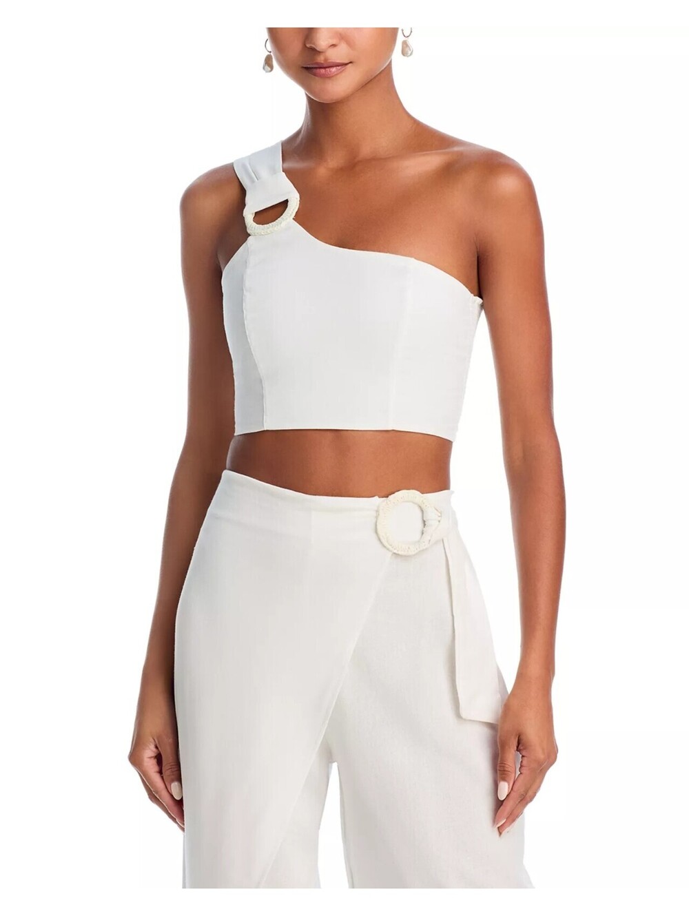98$ Peixoto Penelope One Shoulder Crop Top  Asymmetric Ring Buckle Size L White